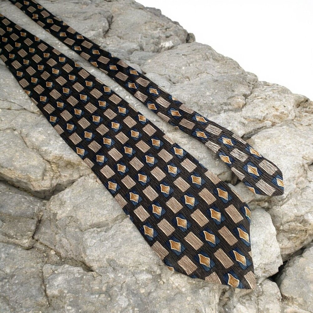 Vintage IV Front Geometric Pattern Imported Silk Tie Designer Olive Green Brown